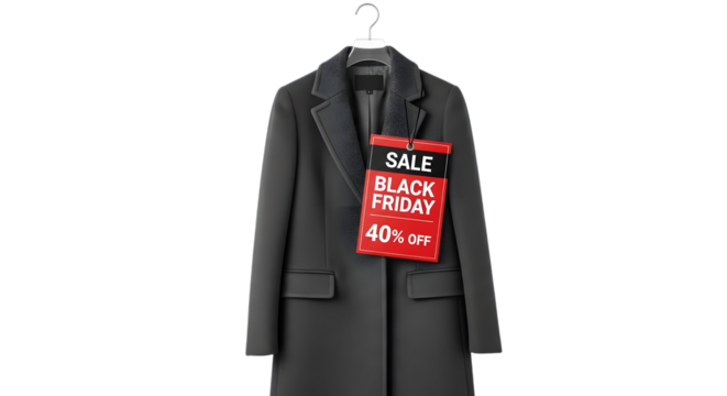 Elegant gray coat on hanger with black friday sale tag isolated on transparent background