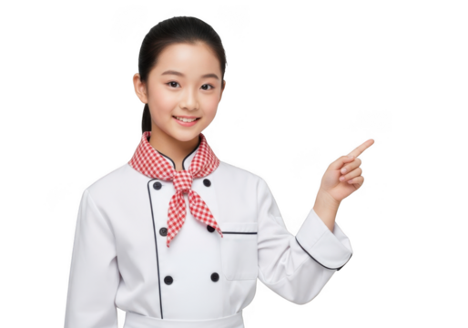 Young female chef pointing right, asian girl in chef uniform, professional cook, culinary expert, isolated on transparent background