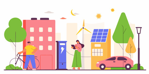 Illustration depicting a sustainable city with electric vehicle charging, solar panels, wind turbines, and people using bicycles. A vibrant and eco-conscious urban scene.