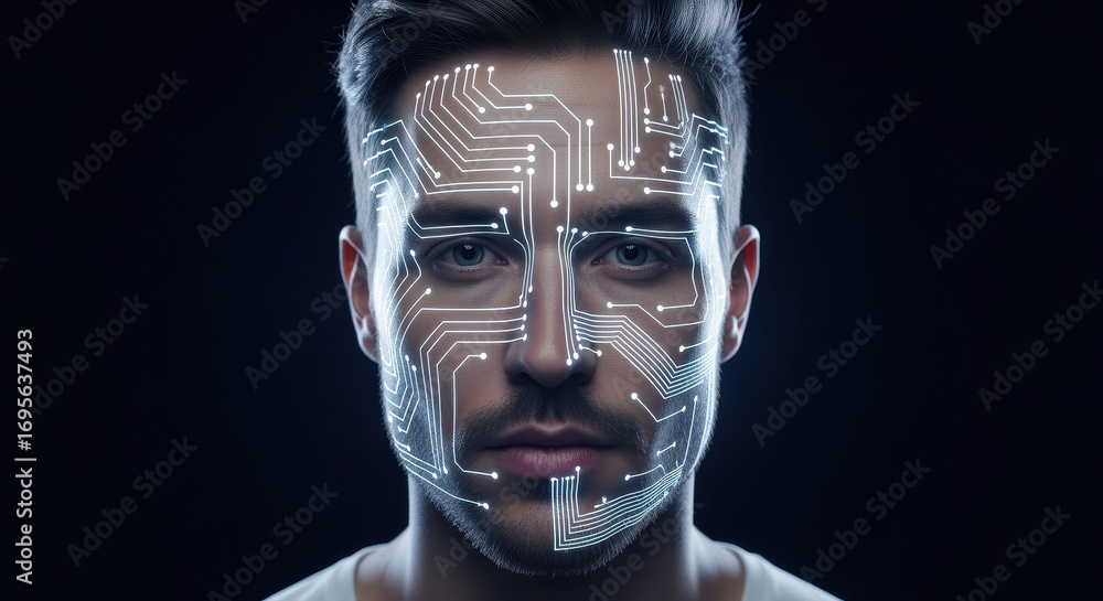 Poster man with circuit board: a close-up studio portrait of a man's face overlaid with glowing circuit boa