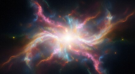 Celestial Nebula's Enigmatic Dance: A mesmerizing display of cosmic clouds swirl and shimmer, radiating light from a central core, painting the universe with vibrant colors