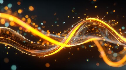 Captivating abstract waves of vibrant orange and blue lights, sparkling bokeh against a dark background