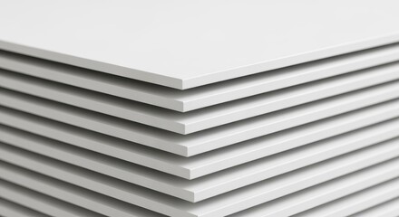 Fototapeta premium Stack of Drywall Panels: A close-up shot shows a stack of pristine, white drywall panels, their clean edges and uniform texture highlighted in a display of raw building materials. 