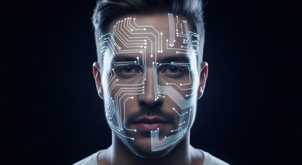 Man with circuit board: A close-up studio portrait of a man's face overlaid with glowing circuit board designs, symbolizing the fusion of human and technology, gazing directly at the viewer.