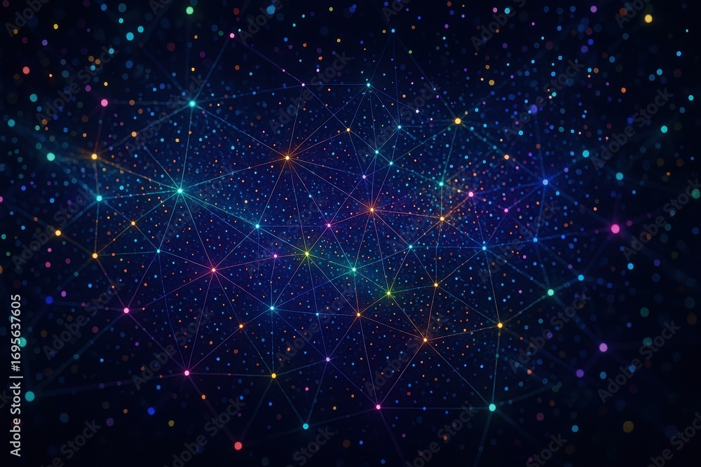 Poster cosmic data network: an expansive network of interconnected data points illuminates a vibrant cosmic