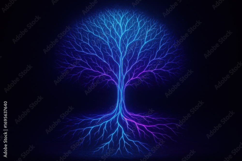 Poster electric luminescence: a captivating digital art piece showcasing an ethereal tree with intricate br