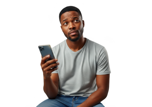 Pensive african american man holding smartphone looking upwards with questioning expression isolated on transparent background