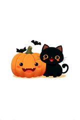 Naklejka premium Cute cartoon black cat and smiling pumpkin with bats in a whimsical Halloween scene