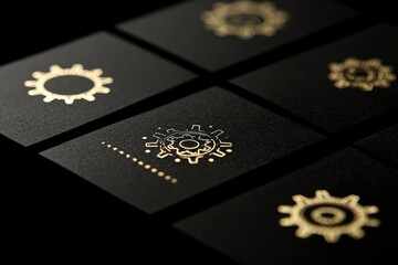 Sleek, black business cards, showcasing a gold gear graphic