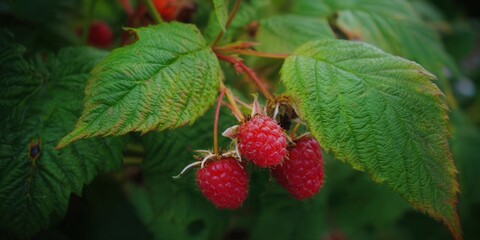 Delicious red raspberries hanging on a green bush, ready to be picked.