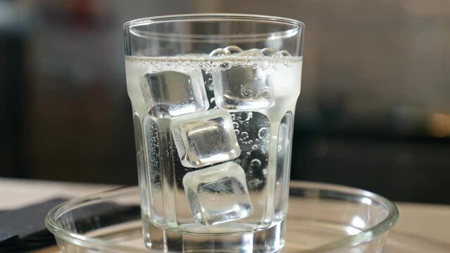 there is a glass of water with ice cubes in it