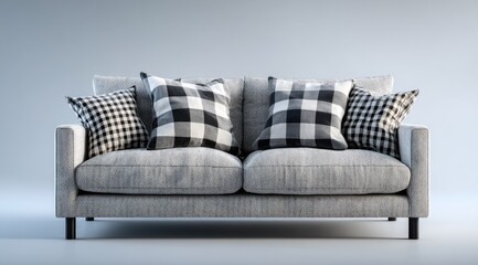 Light gray couch with black and white checkered throw pillows