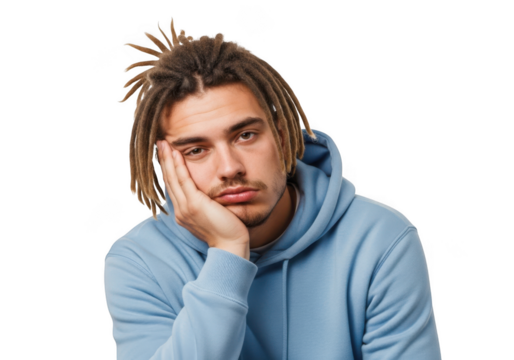 Sad depressed man with dreadlocks in blue hoodie resting head on hand portrait photography isolated on transparent background