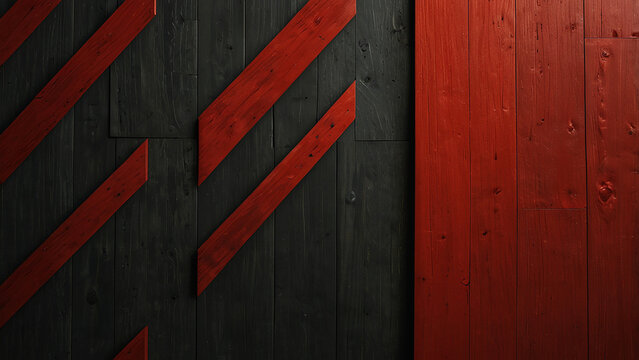 Abstract background of dark wood planks with bold red diagonal stripes