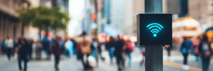 Fototapeta premium Modern Urban Wireless Network Box with Glowing Signal Icon Premium Connectivity Technology for Millennial City Marketing and Social Media Campaigns