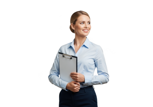 Professional smiling businesswoman holding clipboard looking away stock photo, business concept image, isolated on transparent background