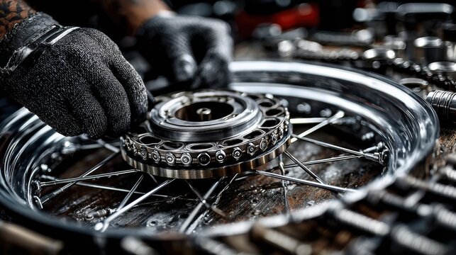Professional Motorcycle Wheel Bearing Replacement in Workshop Authentic Mechanic Repair and Maintenance for Confident, High-Quality Tech Lifestyle Marketing Content