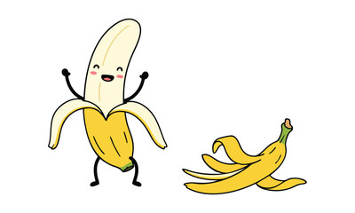 Happy Cartoon Banana with Peeled Skin and Banana Peel