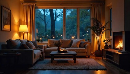 Soft, warm lighting illuminates a cozy living room scene at night, creating a tranquil and relaxing atmosphere Perfect for representing comfort, peace, and serenity , rug, cozy