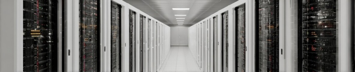 Obraz premium Modern Premium Data Center Cold Aisle with Parallel Server Racks Professional Tech Infrastructure for Secure Corporate Marketing and Inspiring Digital Content