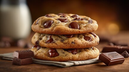 Stack of chocolate chip cookies on linen napkin