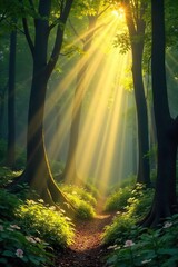 Golden sunbeams stream through gaps in a lush forest canopy, illuminating the dappled forest floor with a warm, ethereal glow Perfect for nature, serenity, and light themes , nature, branches
