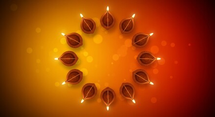 Festival diya circle banner background, lamps arranged in ring on glowing gradient
