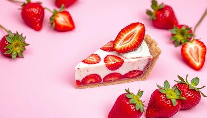 A slice of juicy strawberry pie on a vibrant pink background,  red,  tasty