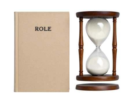  Closed Game Rule Book with Hourglass Timer, Top-Down View, isolated transparent background png