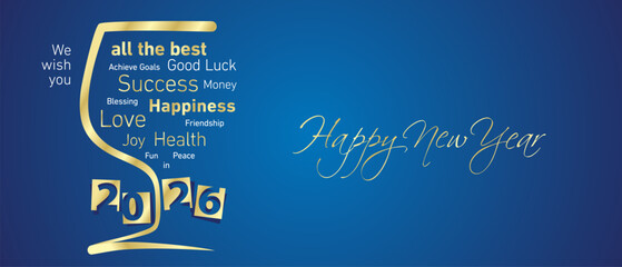 Happy New Year 2026 golden negative space numbers. Abstract glass of wine wordcloud text white blue background vector greeting card