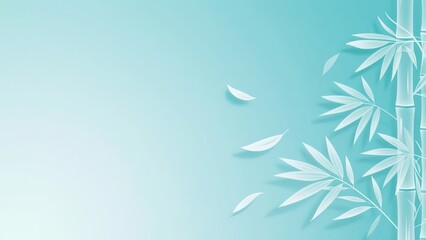 Elegant white bamboo stalks with floating leaves on turquoise gradient, minimalist Chinese-inspired style, serene natural decoration