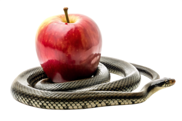 Serpent coiled around red apple on white background isolated on a transparent background