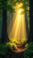 Golden sunbeams pierce through gaps in a leafy canopy, creating a dramatic light and shadow play on the forest floor  Perfect for nature, environmental, and peaceful themes ,  backlighting,  tranquil
