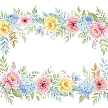 Elegant floral watercolor border with vibrant roses and hydrangea perfect for design projects