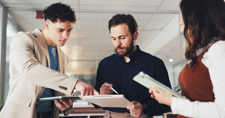 Group, business people and discussion with tablet in office, planning or insurance policy....