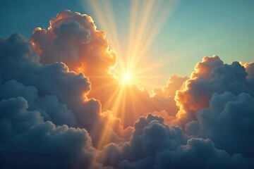 Golden sunbeams pierce through gaps in fluffy clouds, creating a dramatic, celestial light show Perfect for nature, weather, and inspirational themes , natural light, crepuscular rays