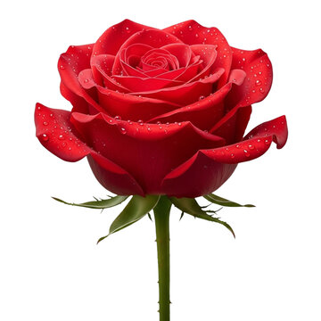 Stunning red rose with water droplets, perfect for romantic occasions and elegant designs.