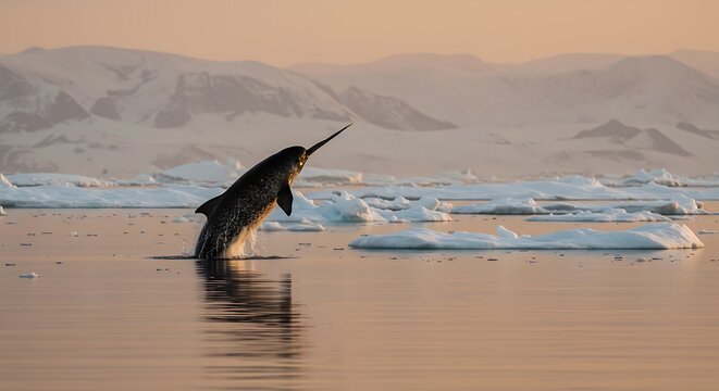 Majestic narwhal breaching Arctic waters against snow capped mountains illuminated by soft golden light,Generated Image - Powered by Adobe