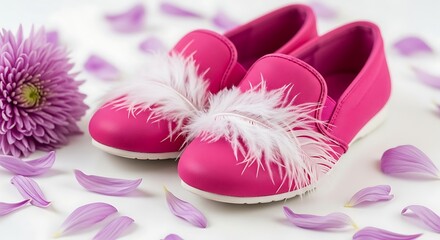 Charming pink baby shoes adorned with fluffy white accents and purple petals