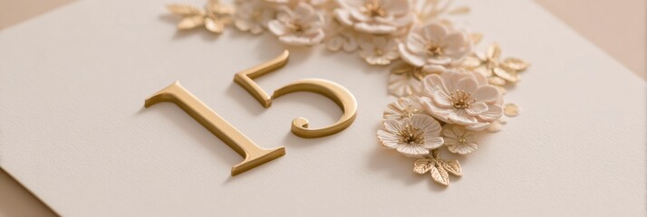 Elegant Quinceanera Invitation with Floral Gold Accents and Ornate 15 Symbol Premium Celebration Design for Young Women Social Media and Marketing Campaigns