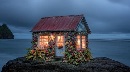 Miniature seaside cottage, lit at night, on a rocky shore