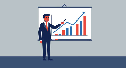 Businessman Presenting Financial Growth Chart on Whiteboard.