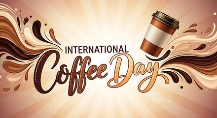 International coffee day celebration with swirling coffee splashes and a takeaway cup