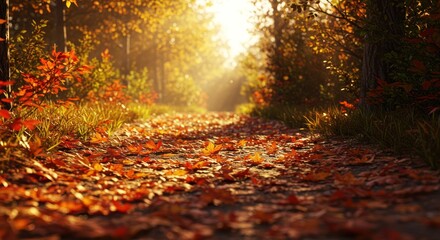 An autumn path is covered in fallen leaves dappled in sunlight filtering through the trees