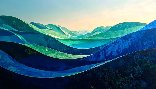 Abstract landscape of layered, wavy mountains