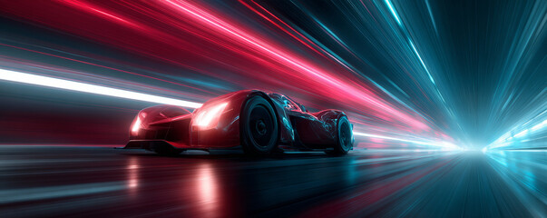 Futuristic race car red sports car neon light speed motion blur night glowing road aerodynamic excitement technology