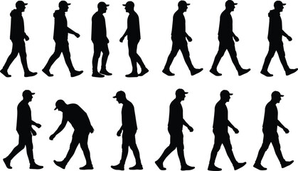 Walking man silhouettes, casual male figure, standing poses, urban lifestyle, movement illustration, people walking, modern street style, vector design, casual wear