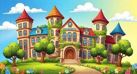 Whimsical cartoon university building with smiling trees and colorful flowers, representing education and fun learning environment.