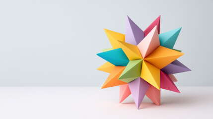 A colorful origami star sculpture made from various shades of paper, showcasing geometric shapes and artistic design.