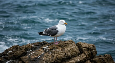 A seagull stands on a rock in front of the ocean